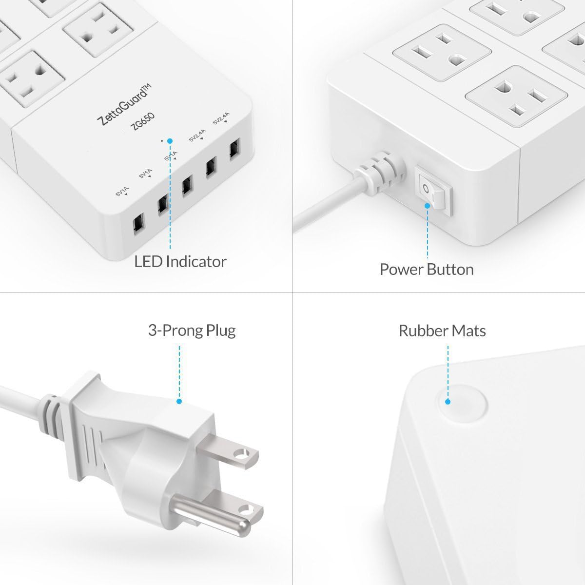 ZG650 WHT Mini 6-Outlet Travel Power Strip/Surge Protector USB Charger & 5' Power Cord, White