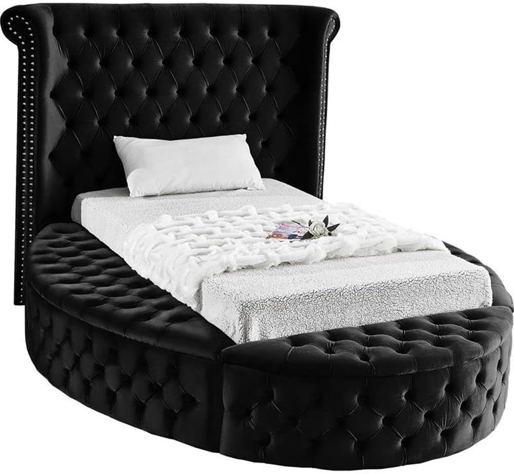 Meridian Furniture Luxus Collection Modern | Contemporary Round Shaped Velvet Upholstered Bed with Deep Button Tufting and Footboard Storage, Queen, Navy