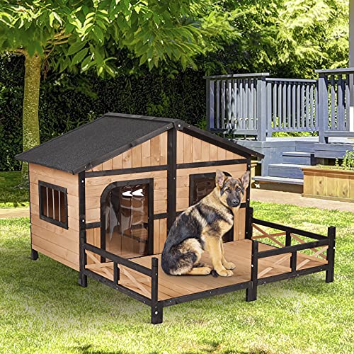 Pawhut 59″ L X 63.5″ W X 39.25″ H Wood Large Dog House Cabin Style Elevated Pet Shelter W/Porch Deck Natural #TOP1
