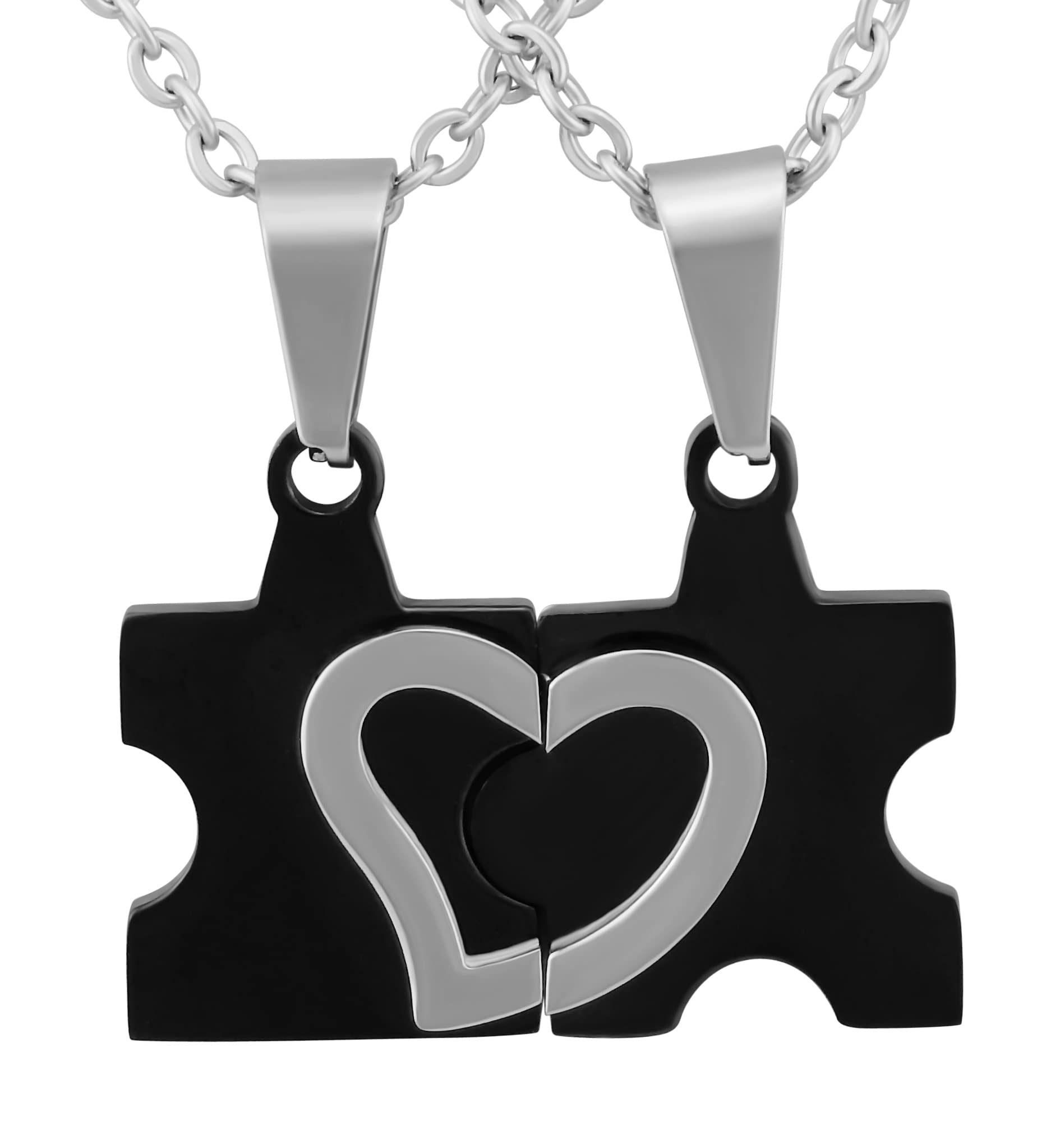 2 Stück Personalisierte Kette mit Gravur Edelstahl 50 cm mit Anhänger Herz Puzzle in silber schwarz - Personalisierte Geschenke für Damen Herren Freundin Freund - Partner Halskette Sie Ihn