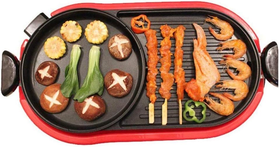 Portable Electric Grill with Hot Pot，Indoor Teppanyaki Pot with Divider Separate Temperature