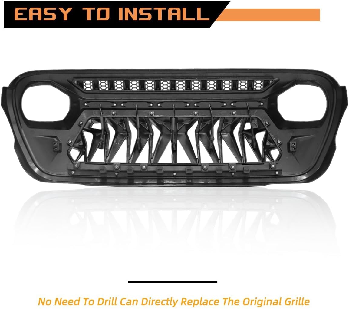 Front Grill Cover with Amber LED Day Running Lights for 2018 2019 2020 2021 2022 2023 2024 Wrangler JL Grille Guard，Matte Black（1pcs）