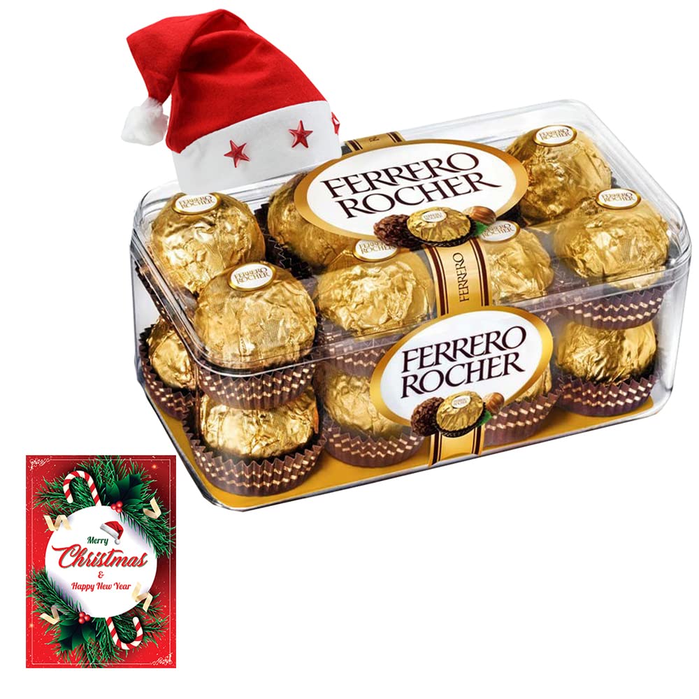 SFU E Com Box of Delicious Rocher Chocolates (16 pcs) | Gift for Christmas | Christmas Chocolate Gift with Cap & Greeting Card | Christmas Chocolate Hamper | 37