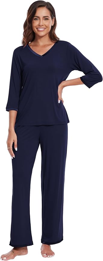 WiWi Viscose from Bamboo Pajama Set for Women 2 Pieces Long Sleeve Loungwear Soft Sleepwear Loose Comfy Pj Sets Pockets S-XXL