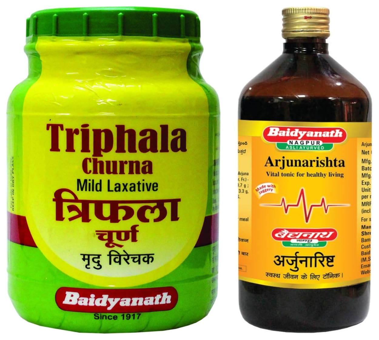 Baidyanath Arjunarishta Liquid 450 ml & Baidyanath Nagpur Triphala Churna, Vitamin C, Iron & Zinc, Natural,Pack of 500 g
