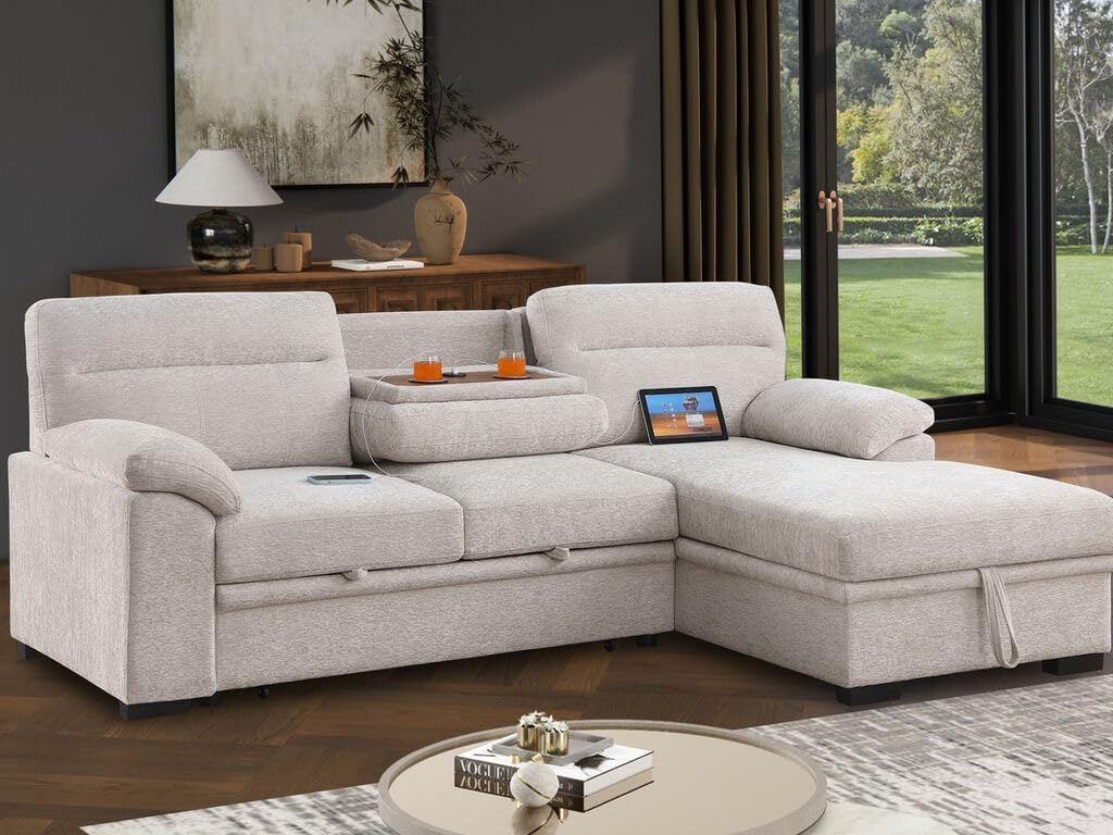 ERYE L-Shaped Oversized Sleeper Sectional Sofa with Pull Out Sleeper Couch Bed, Tufted Upholstered Sofa&Couch Convertible Sleep Sofabed W/Storage Chaise,Cupholders,Pillow-top Armrests and USB Ports
