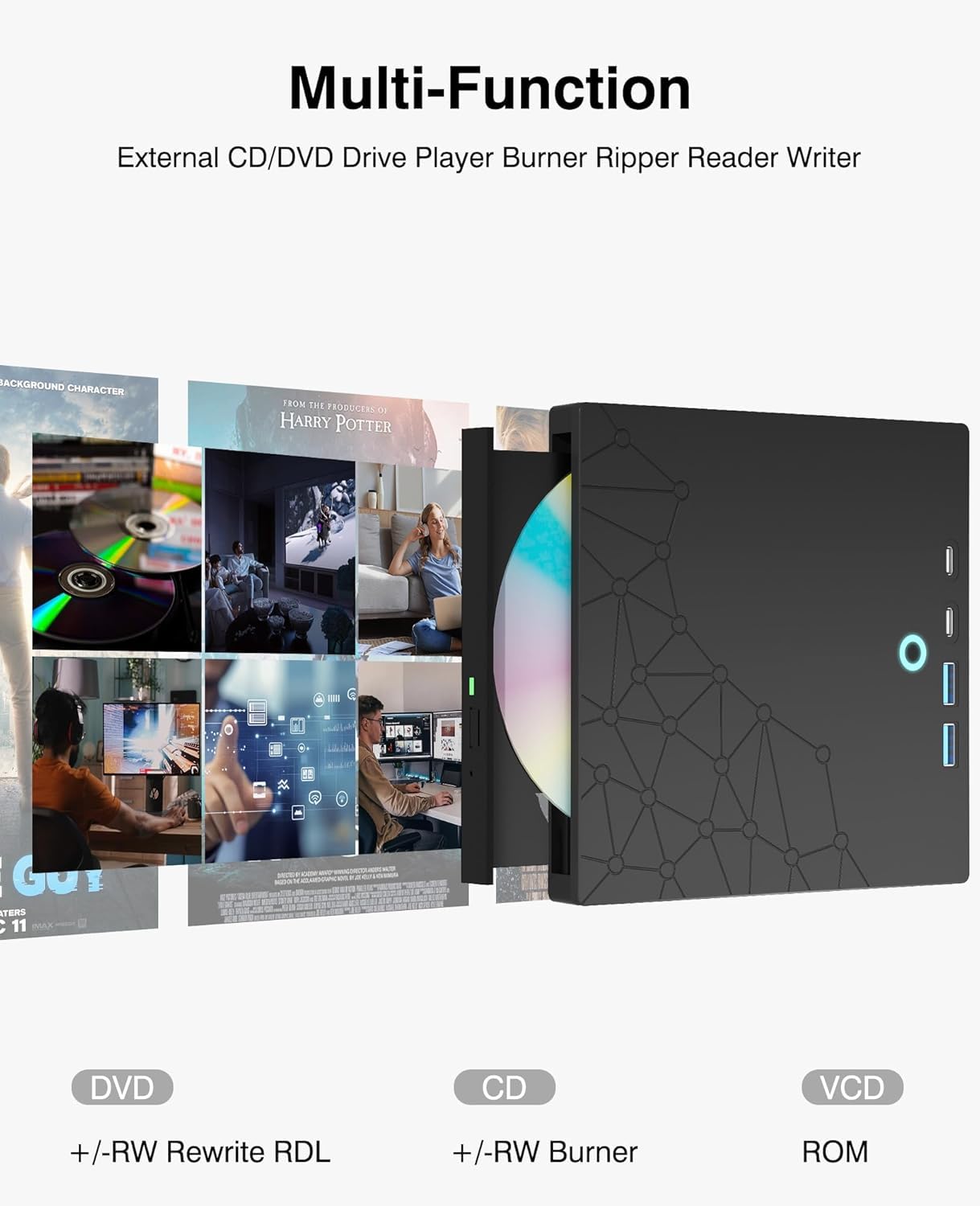 Unidad externa de CD/DVD para portátil, grabadora de DVD para laptop, 8 en 1, USB 3.0, reproductores de CD portátiles con puertos SD/TF, unidad de disco externa óptica para MacBook Windows 11