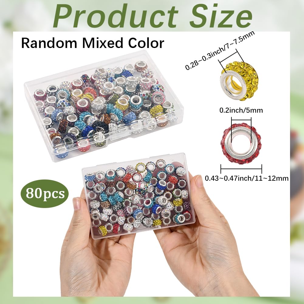 PONABEADIY 1 Box 12MM 80PCS Large Hole Rhinestone Spacer Beads Sparkly Big Holes European Rondelle Colourful Charms Loose Bead Bulk for Jewellery Making Bracelets Beadable Pens Hair Braids DIY Crafts - Image 2