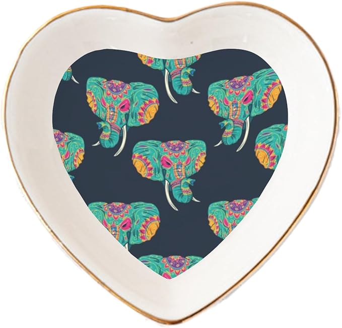 colorful sugar skull indian elephant Ceramic Jewelry Dish Tray Ring Key Bowl Heart Shaped Decorative Plate for Friends Mother