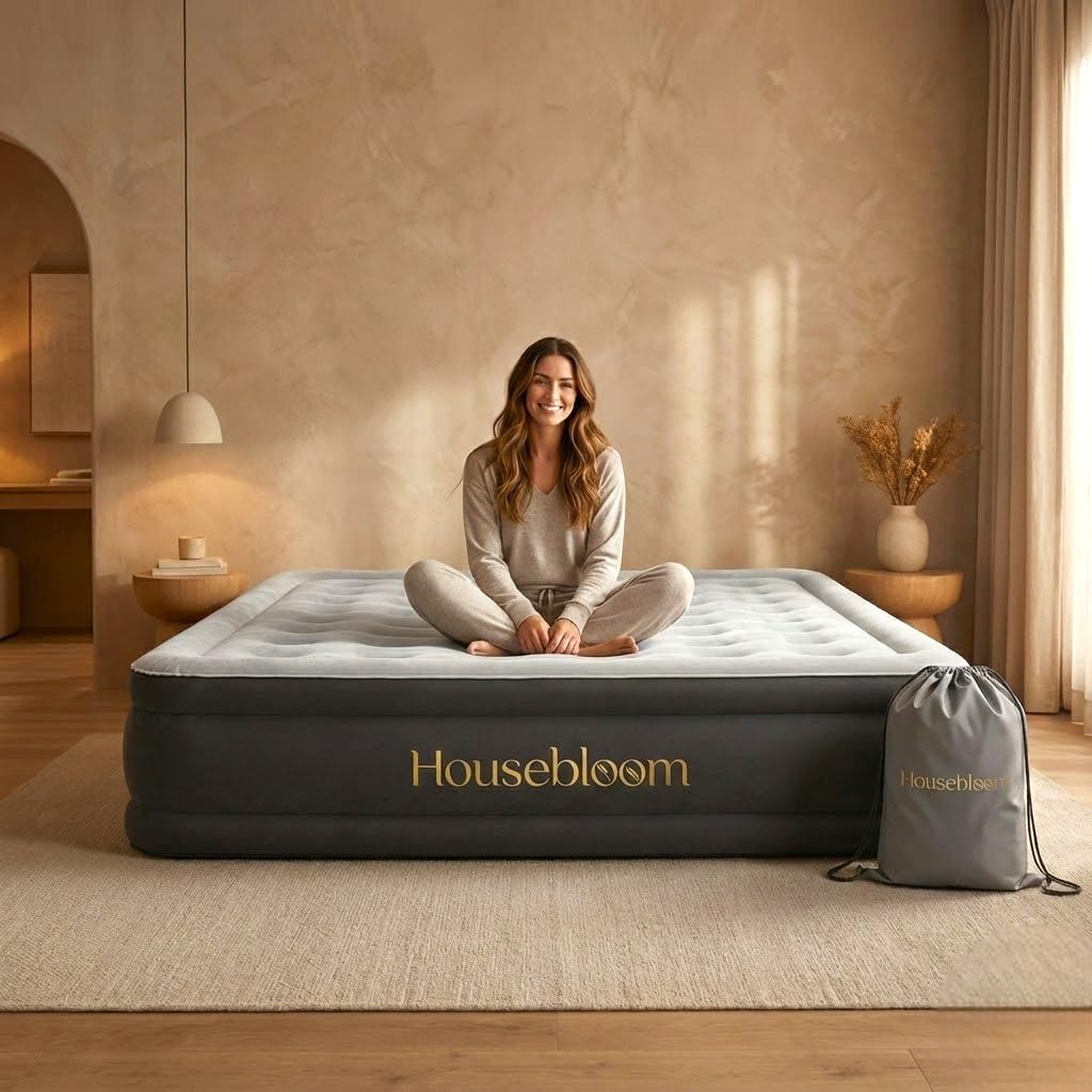 Housebloom Air Bed - Double Air Mattress with Built-in Electric Air Pump, 3 Minute Self-Inflating/Deflating Inflatable Mattress with Flocked Finish, Portable Air Bed for Camping, Home (137x190+46cm)
