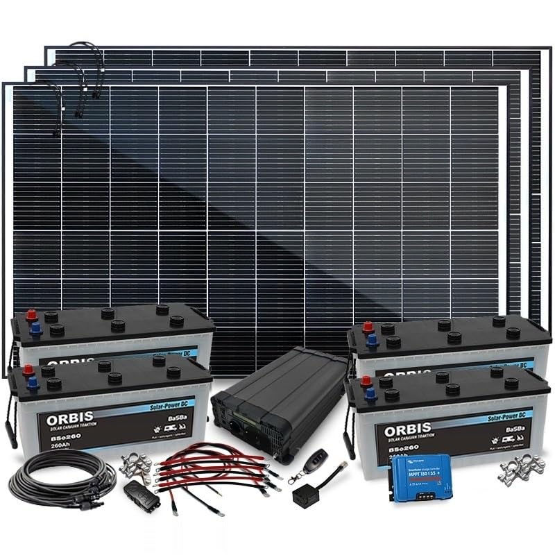 3.000 Watt Insel Solaranlage autarke PV-Anlage mit 1.040Ah Batterien, 960W Solarpanelen, 4 Solarbatterien, MPPT Laderegler, Sinus Wechselrichter, installationsbereit