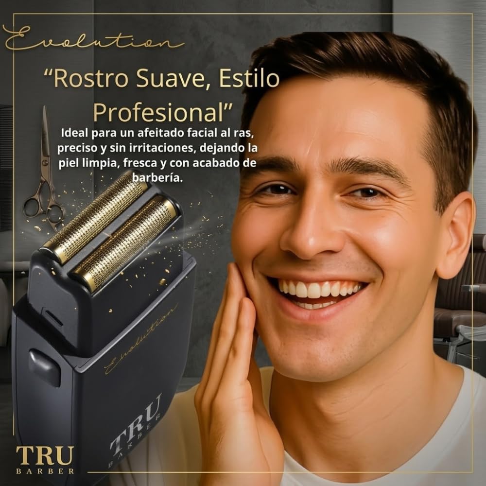 TRU BARBER Evolution – Afeitadora eléctrica profesional hombre 9000 rpm con lámina de titanio, ideal para barba, cabello y cabeza calva, batería larga duración recargable USB