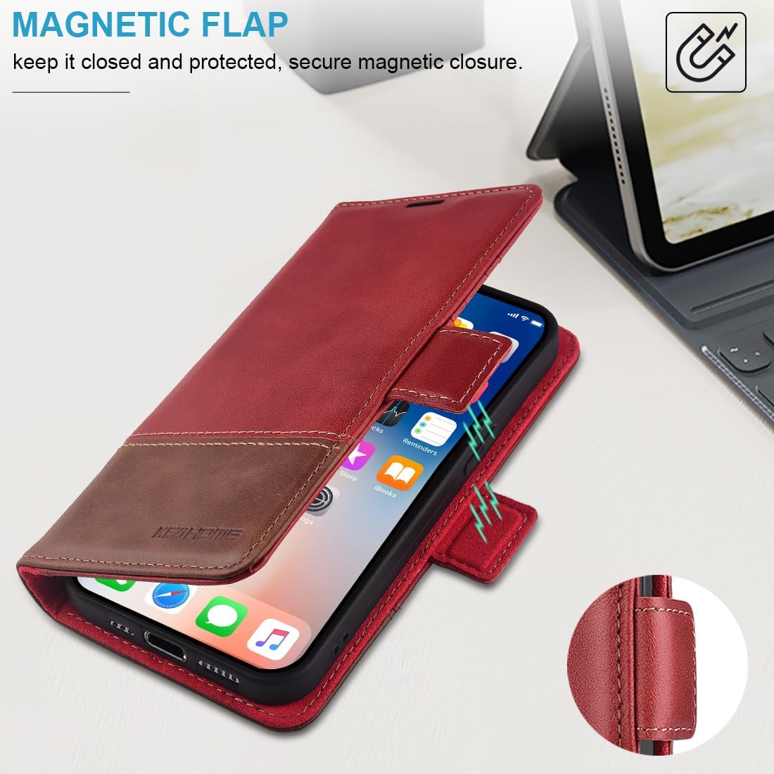 KEZiHOME for iPhone 15 Pro Max Wallet Case, Genuine Leather [RFID Blocking] Card Slot Magnetic Stand Phone Cover Flip Case Compatible with iPhone 15 Pro Max 5G (Red/Brown)