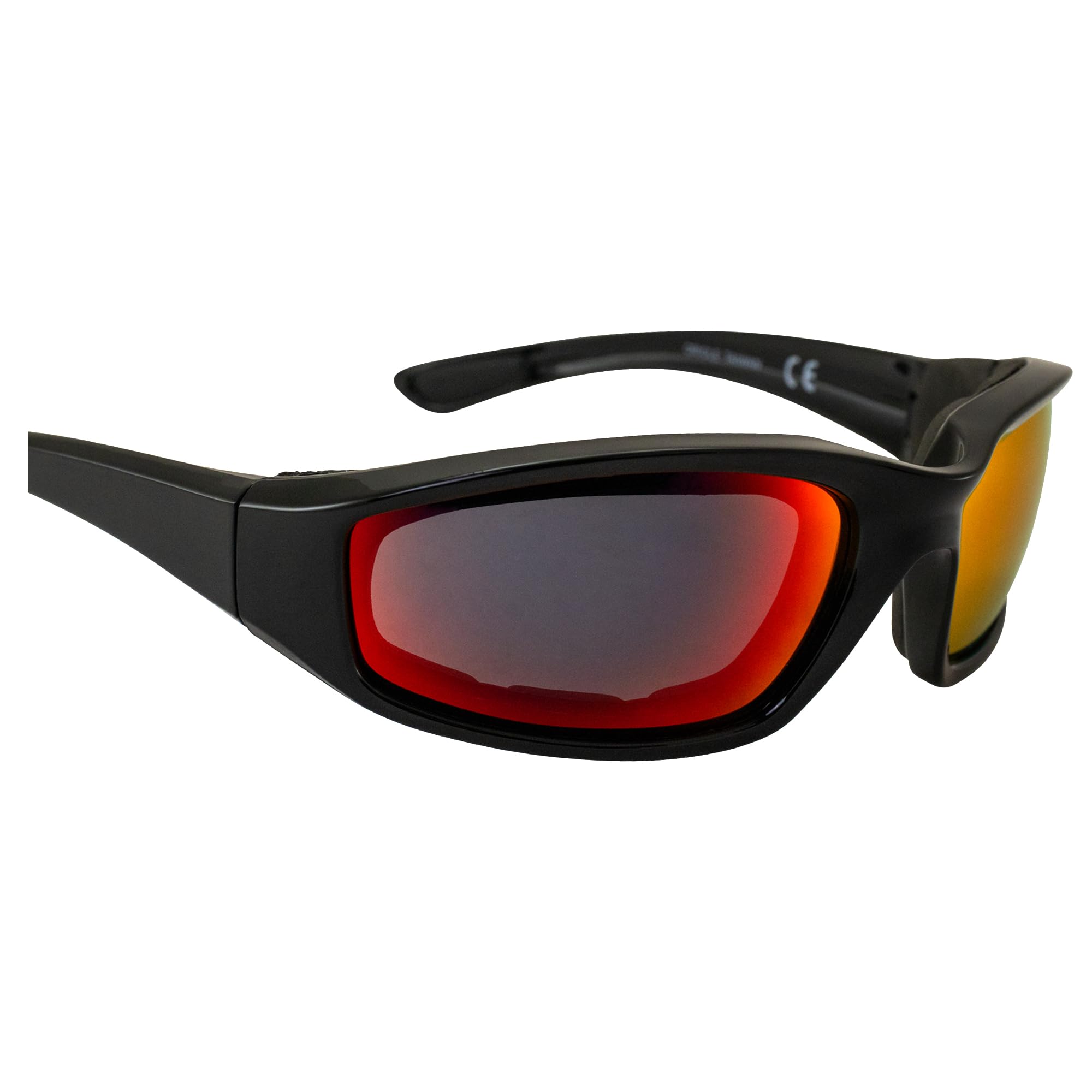 Birdz Occhiali orientol imbottiti per la guida in moto occhiali da sole montature nere lucide lenti riflettenti G-Tech rosse