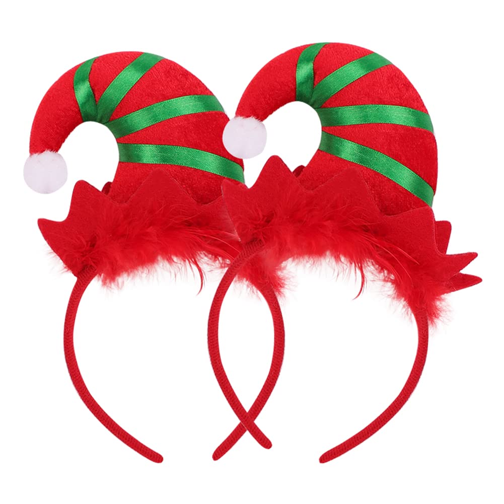 JNGUOSICN 2Pcs Christmas Headband Santa Hat Headpiece Elf Hat Hairband Pointed Hat Hairhoop with Feather Christmas Head Boppers Fancy Dress Costume Accessory Xmas Novelty Hair Accessories Decor