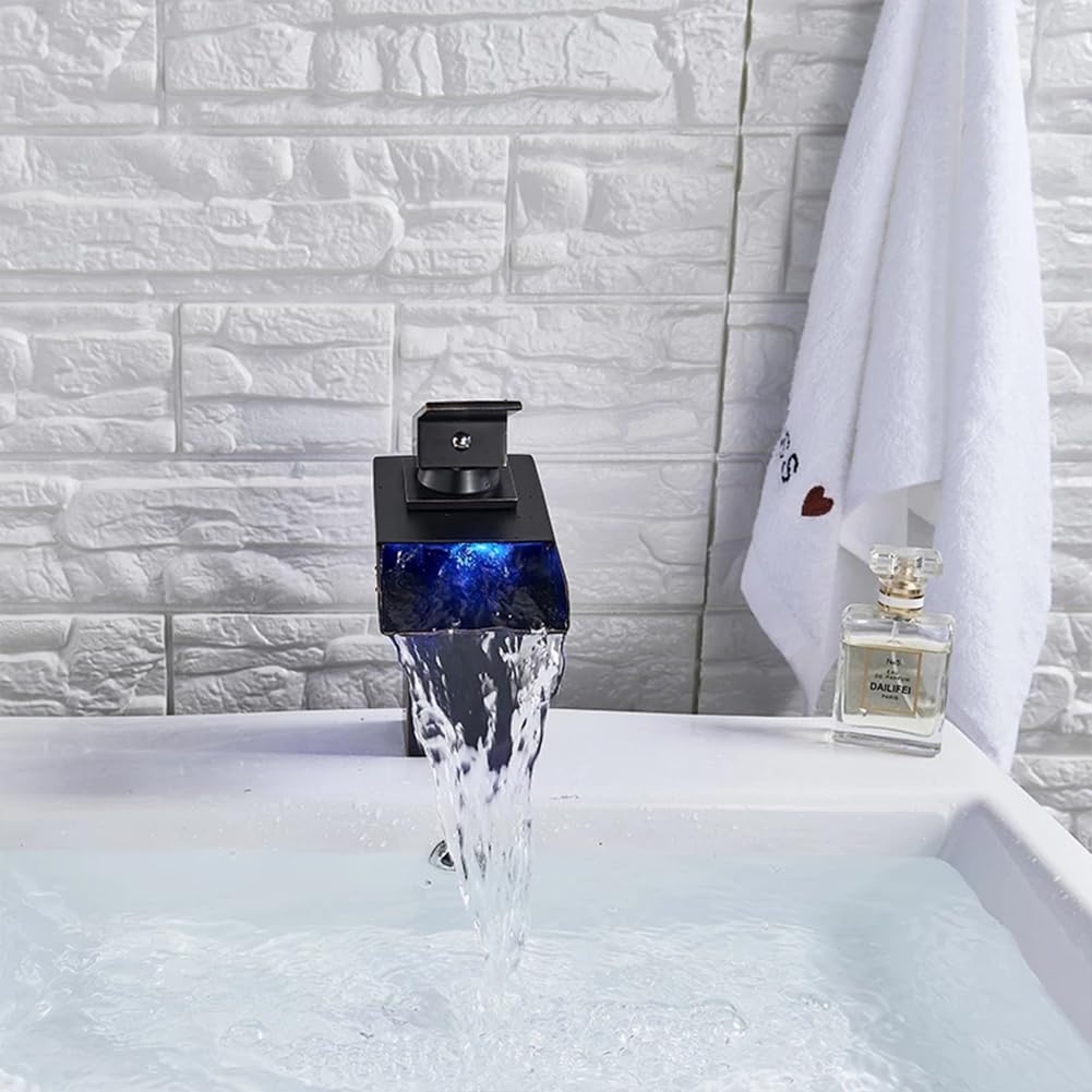 Grifo monomando para lavabo con luz LED, de latón moderno, monomando, agua caliente/fría, con mangueras, color negro