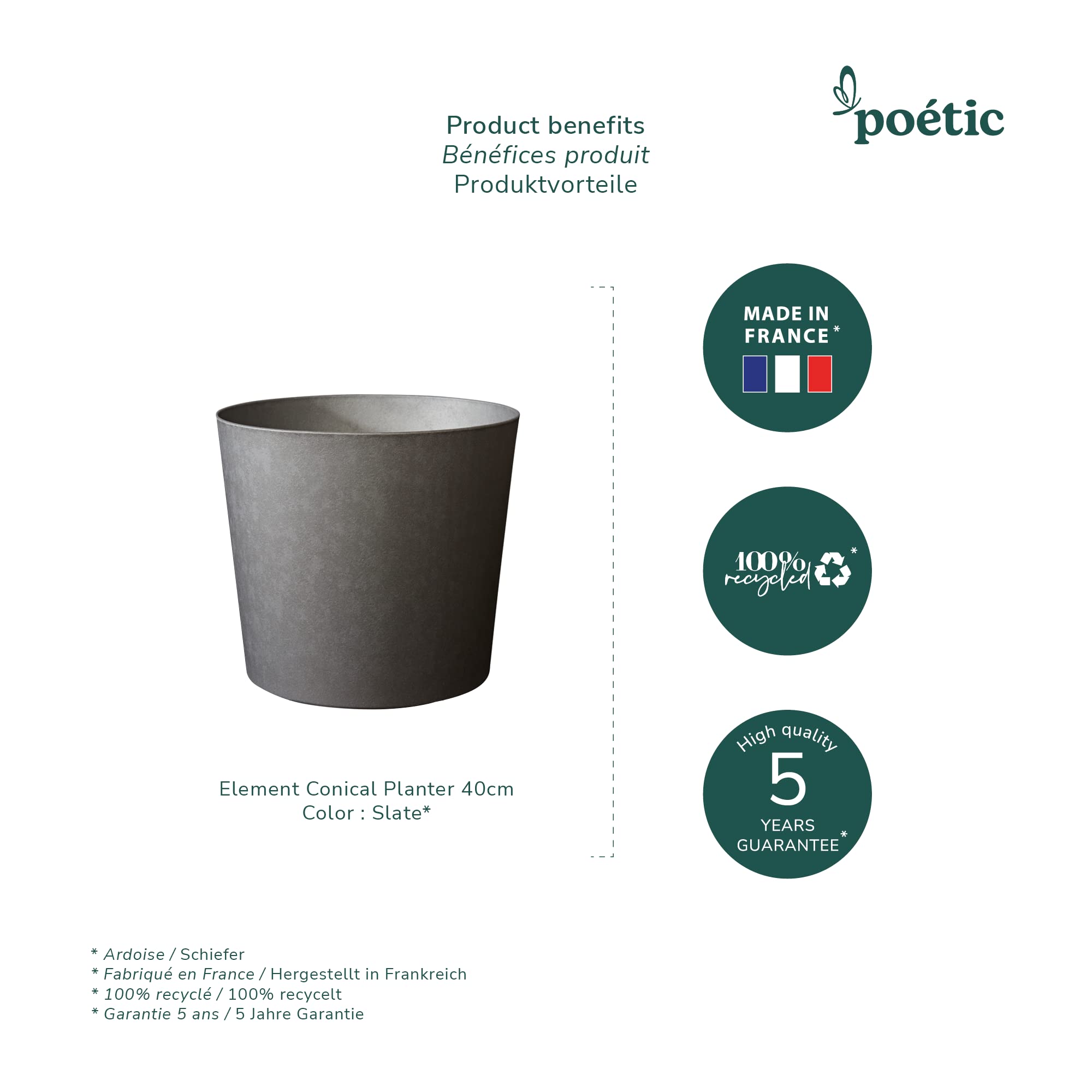 POETIC - Blumentopf für den Außenbereich - Konisches Pflanzgefäß für Indoor - Farbe Schiefer - 39,1 x H.32 cm, 30 Liter - Aus recyceltem Kunststoff