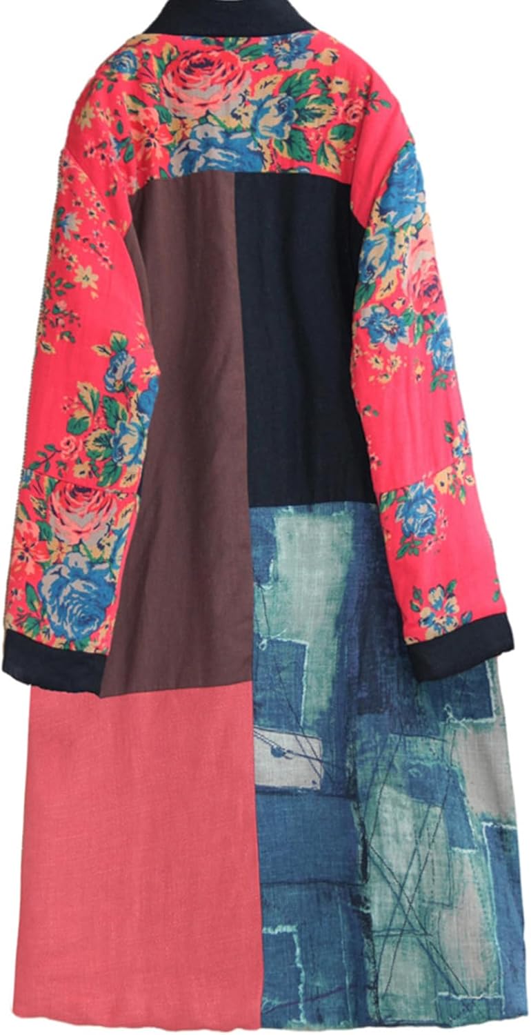 Women's Quilted Windbreaker Stand Collar Long Jacket Printed Retro Patch Coat - Image 8