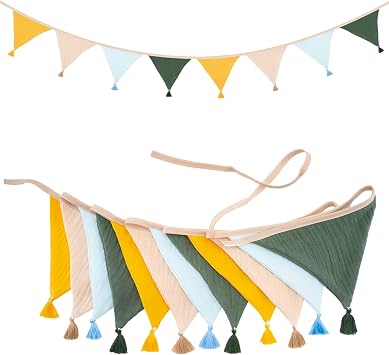 G2PLUS Cotton Fabric Bunting Banner, 9Ft Colorful Triangle Pennant Banner Flag, 12pcs Double-Sided Bunting Garland with Tassels for Birthday, Nursery, Baby Shower, Classroom Hanging Decor