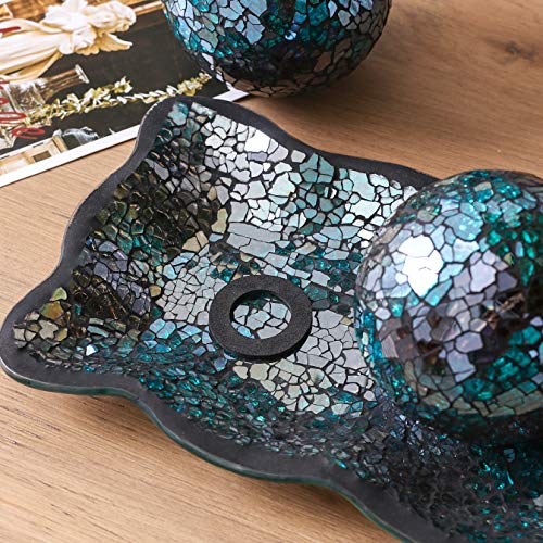 Kmwares 12.4” Mosaic Glass Decorative Tray Dish Plate With 3Pcs 3" Decorative Orbs Balls Sphere Decor For Living Room Or Dining Table Coffee Table Mantle Decor Centerpiece (Turquoise) #TOP6