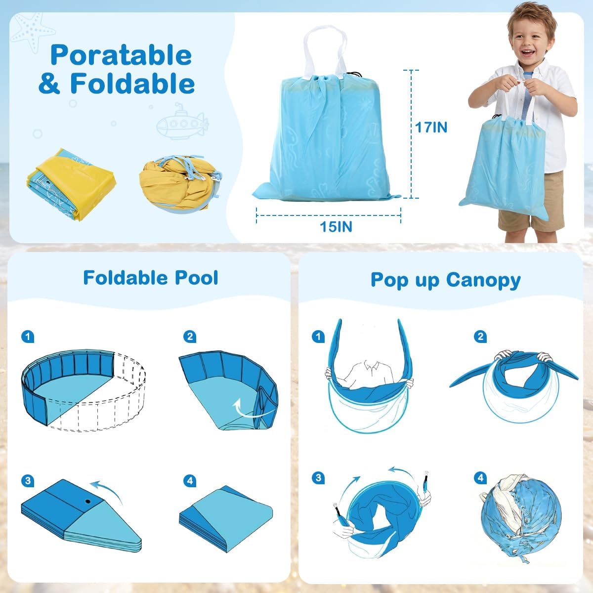 Foldable Kiddie Pool with Canopy, 47IN Portable Hard Plastic Kids Baby Swimming Pool, Sunshade & Non-Slip Beach Tent for Kids Ages 2-6, Outdoor Backyard Graden Water Play