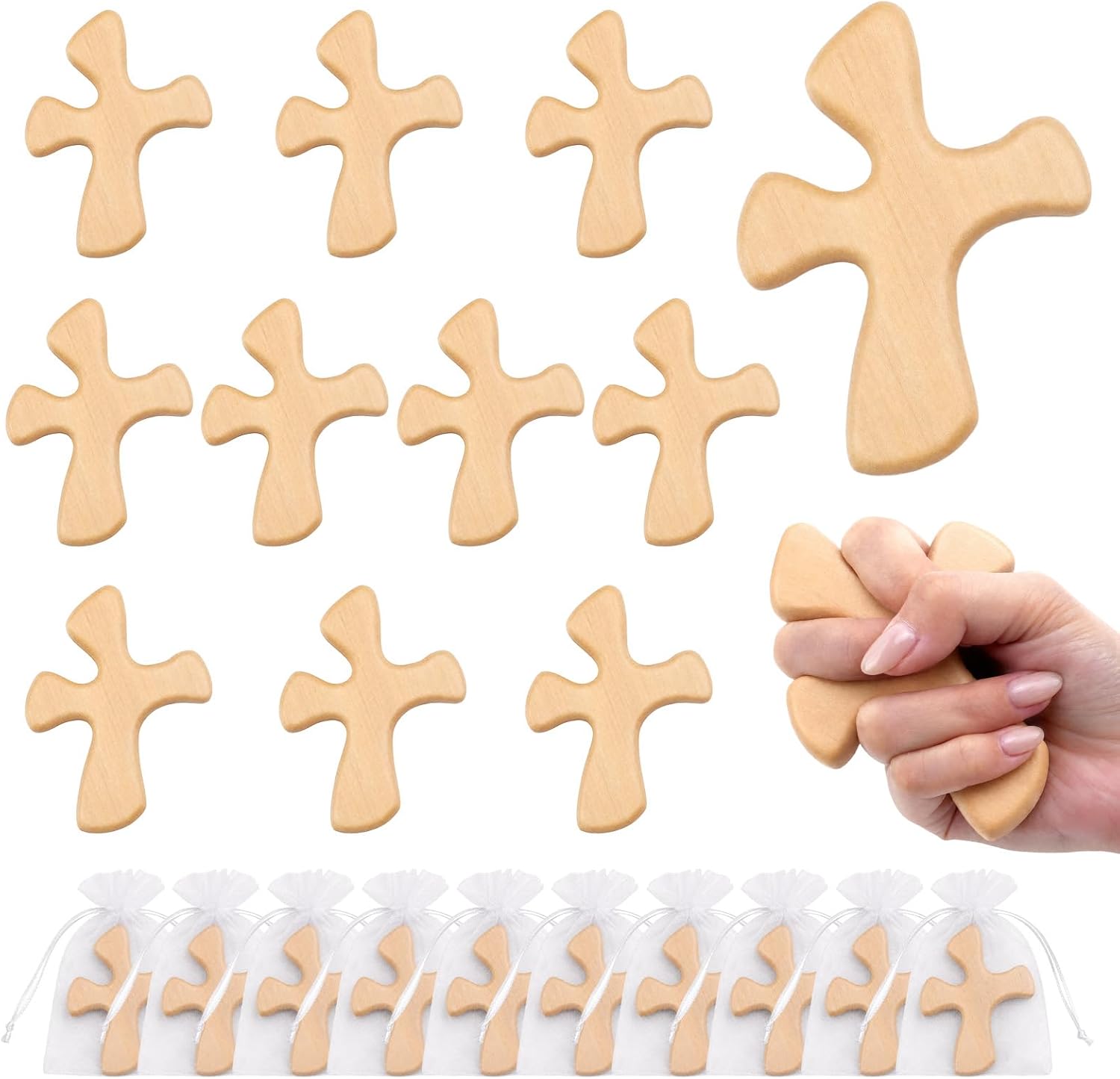 TOSGN Wooden Hand Crosses with Gift Bags – Handheld Prayer Cross for Hand, Comfort Cross for Stress Relief, Hand Carved Palm Cross Christian Gifts, Natural Wood and Dark Walnut (5, Dark brown)