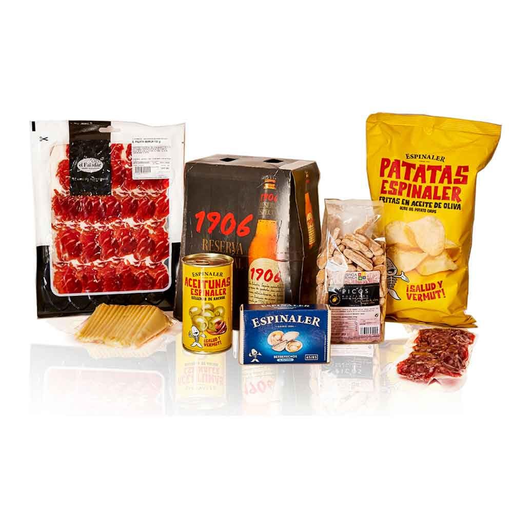 El Paladar Nautic Pack 8 Lote Gourmet con paleta ibérica, queso manchego, berberechos Espinaler, cerveza 1906 y aperitivos premium para regalar