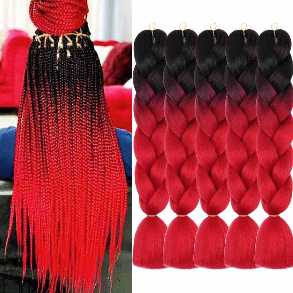 AIDUSA Ombre Braiding Hair 5pcs Synthetic Afro Jumbo Braiding Hair Extensions 24 Inch 2 Tone for Women Hair Twist Crochet Braids 100g(#01 Black to Red)