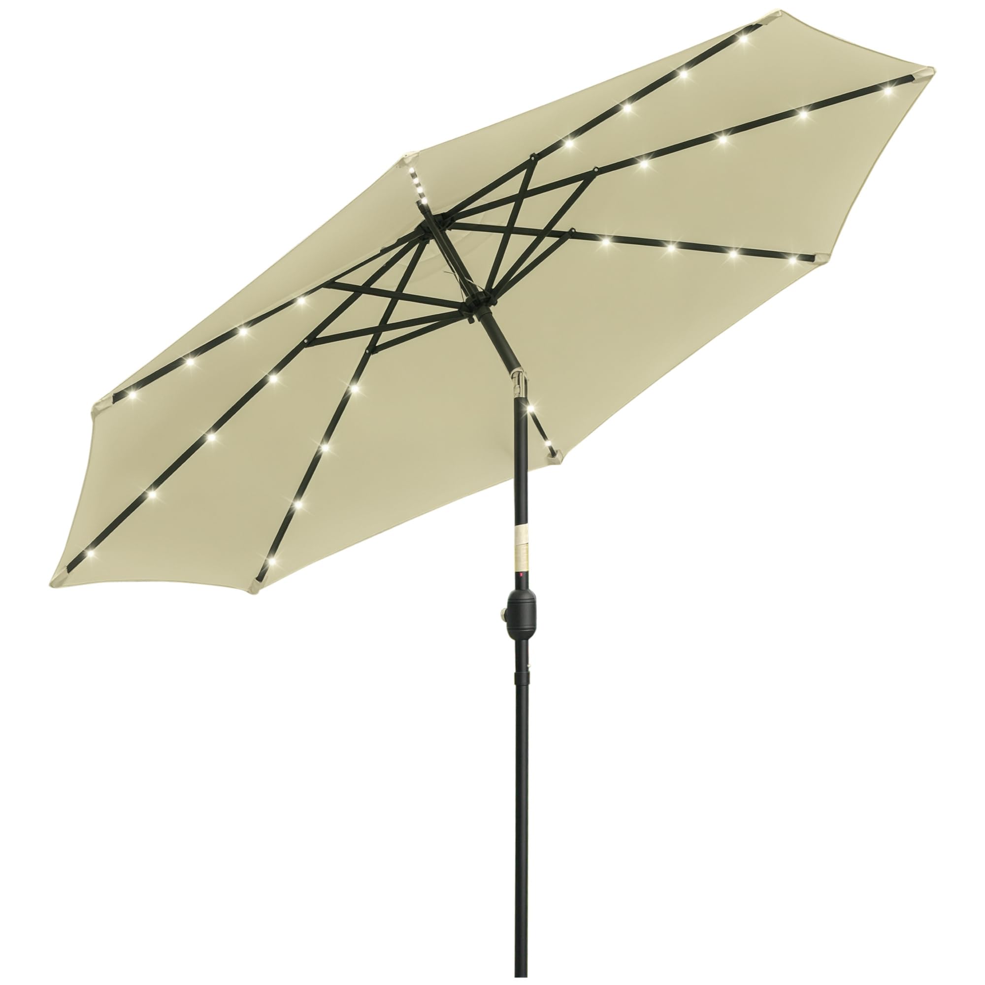 Outsunny Ombrellone da Giardino Inclinabile Ø265 cm con Manovella Beige | 32 Luci LED Solari, Ombrellone da Esterno, 8 Stecche, Acciaio e Poliestere, per Terrazza Balcone Patio