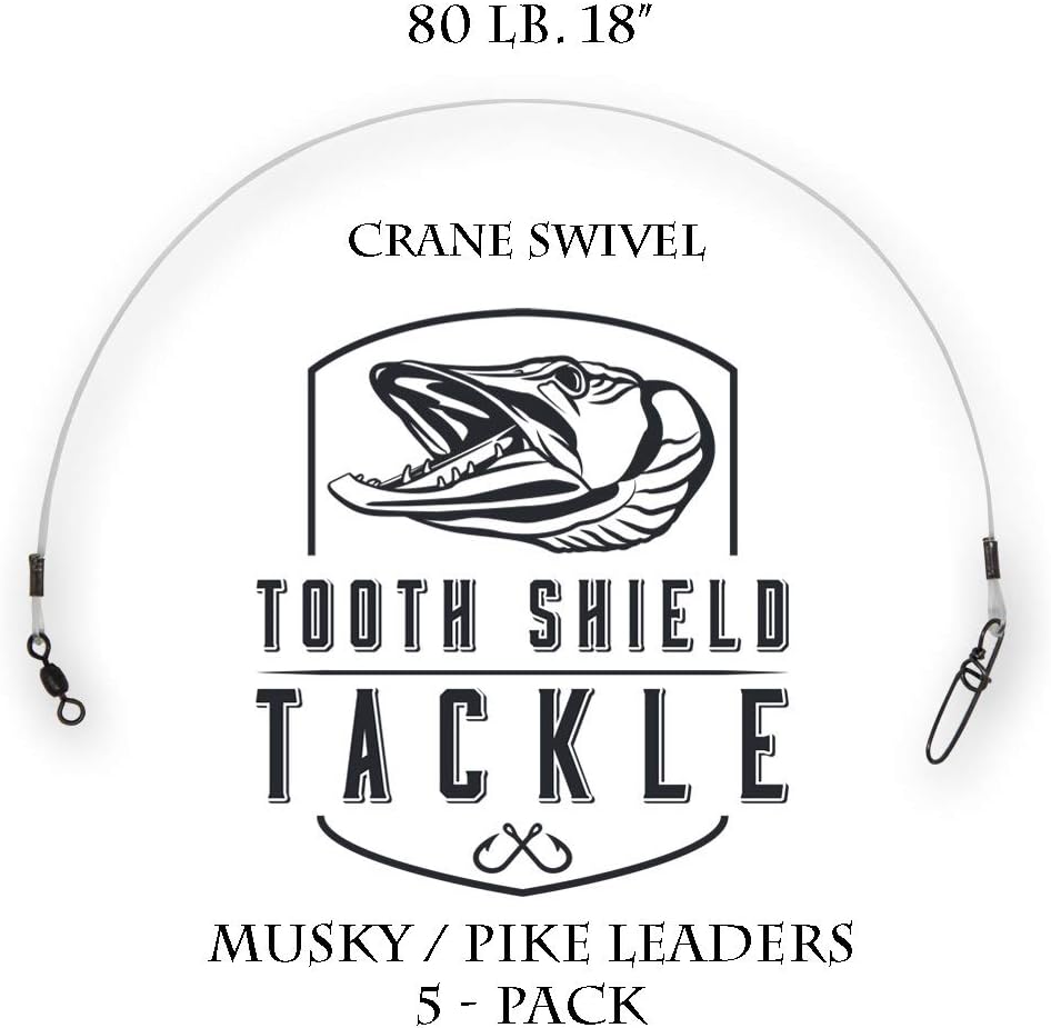 5 Pack 80 lb. Premium Fluorocarbon Tooth Shield Tackle Musky Leader Muskie Pike Leader (Crane Swivel)