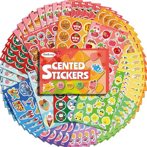 HORIECHALY Smelly Stickers for Kids, 60 Sheets Scented Stickers Scratch and Sniff 900+ with 7 Themes, 15 Scents Funny Fruit & Food Pattern for Teacher Classroom, Cute Reward for Elementary, Students.