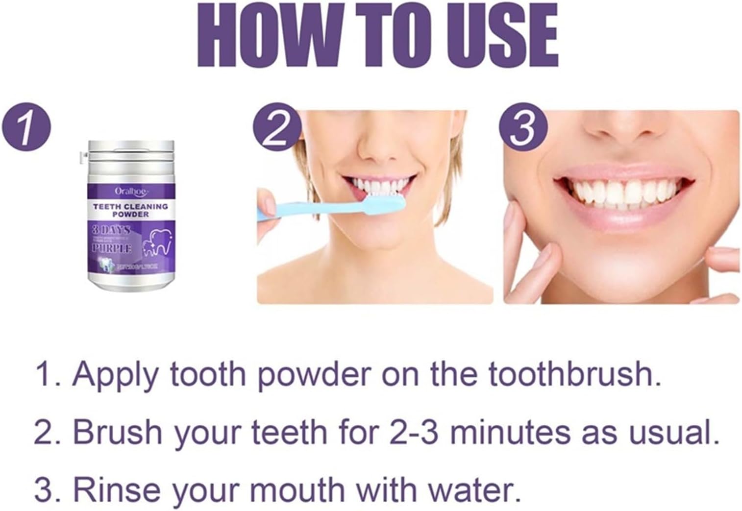 Sheghy 3 Days Tooth Powder, Purple Teeth Cleaning Powder, 3 In 1 Natural Pearl Probiotic Tooth Powder,Instant Glowing Teeth Powder with Mint Refreshing Taste,Reduce Stains and Yellow Effectively (3pc)