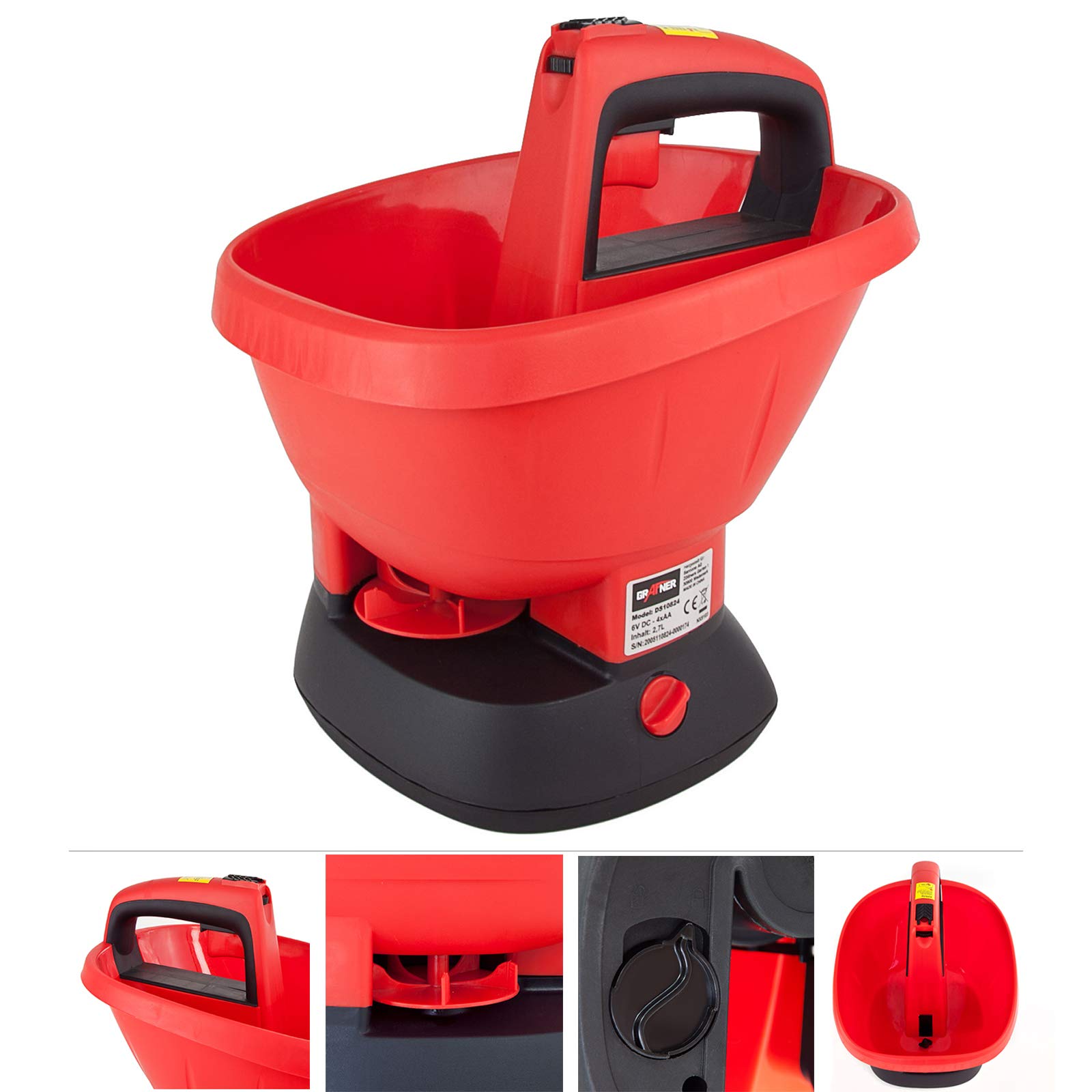 Grafner elektrischer Düngerstreuer mit 6 Volt, 2,7 Liter, 5 stufige Streumengenregulierung, stufenlose Drehzahlregulierung, ideal für Rasensaat, Dünger, Streusalz UVM. Hand Streuer Universal