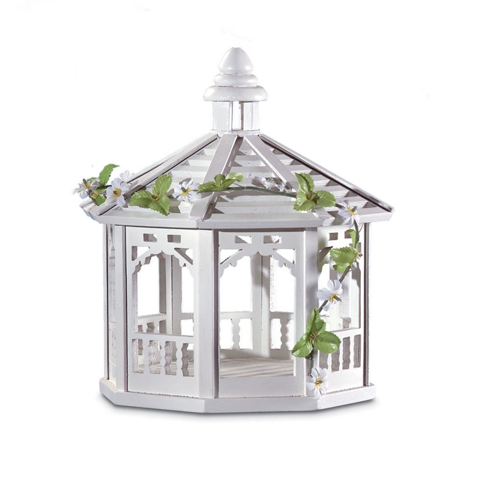 Airinstore Bird Feeder Beautifully Hand Crafted White Wood Gazebo with Plastic Vines