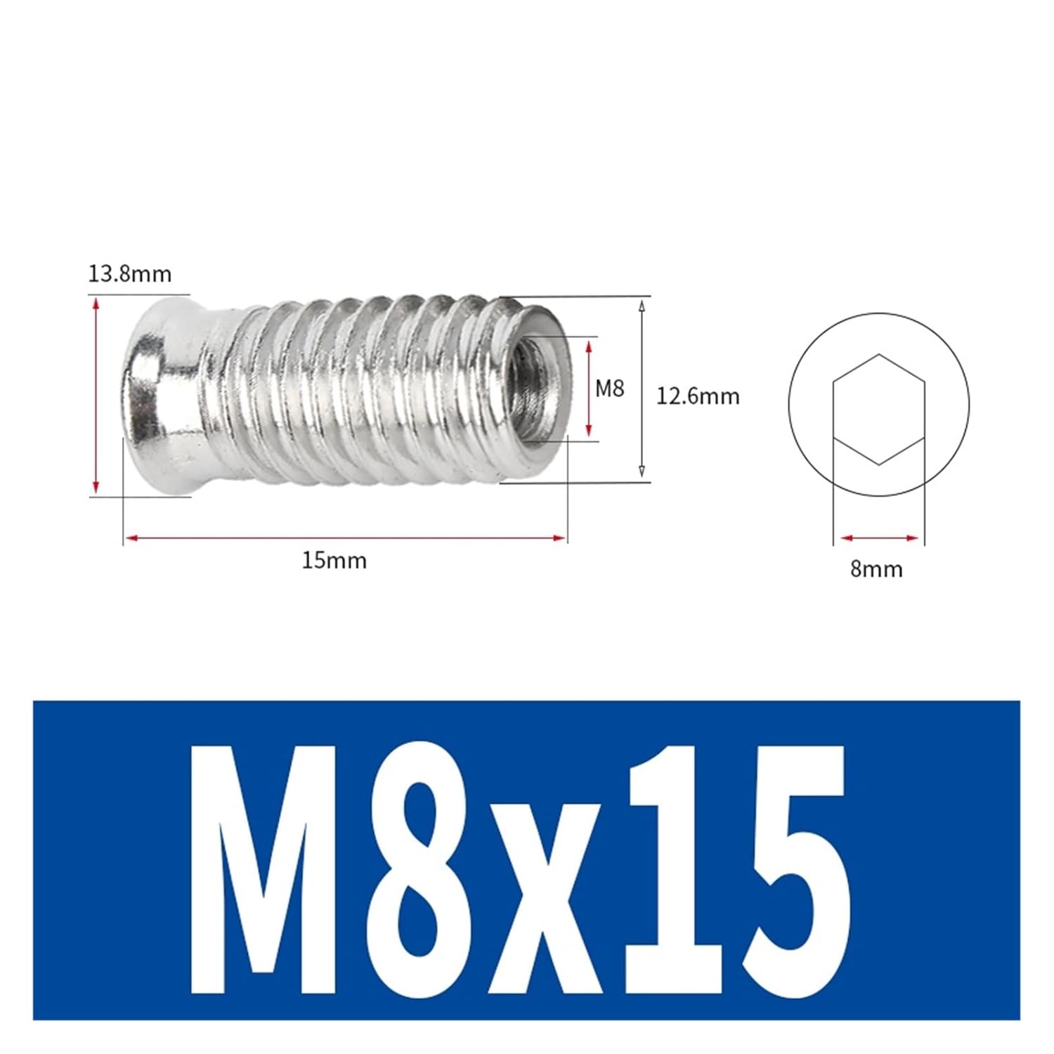 M4 M5 M6 M8 304 Stainless Steel Hex Socket Drive Insert Nuts Threaded for Office Desks, Dining Tables Or Chairs, Stairs(M8x15mm-5pcs)