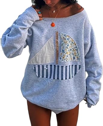 Amiblvowa Vintage Graphic Oversized Crewneck Sweatshirt for Women Floral Lobster Sardine Print Sweatshirts Pullover Fall Tops