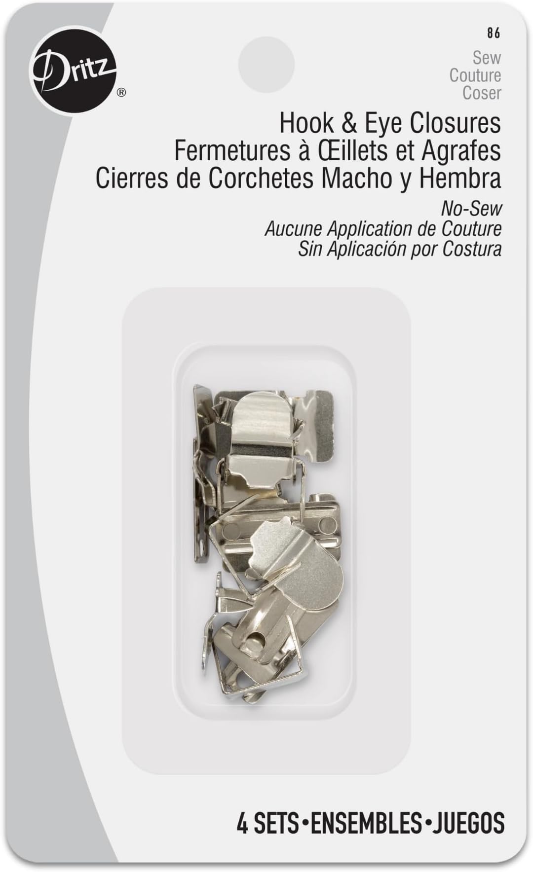 No-Sew Hook & Eye Closures, 4 Sets, Nickel
