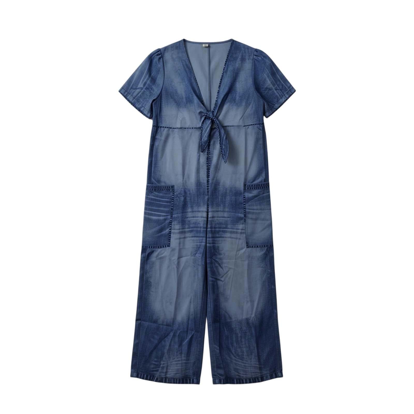 Generisch Jeans Jumpsuit Damen Sommer Kurzarm mit Puffärmeln, V-Ausschnitt, Bindeband vorne, weitem Bein, mit Multi Taschen, für Sommer, Freizeit und Urlaub
