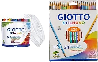 Giotto 519200 Barattolo Pastelli Formato Gigante per Pastelli a Cera, 11,5 mm, Confezione da 60 & Stilnovo pastelli colorati in astuccio 24 colori