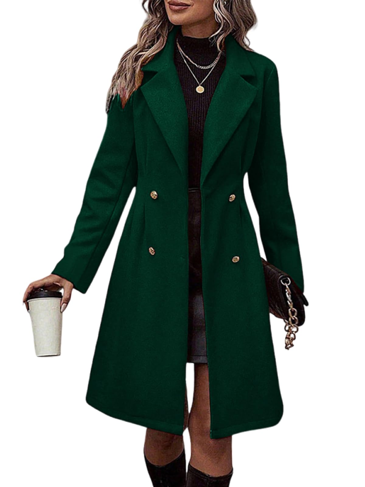 Women's Double Breasted Long Wool Pea Coat Notched Lapel Woolen Trench Overcoat