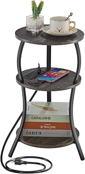 YEAKOO Bedside Table with Charging Station & 4 Sockets, Vintage Round 3-Tier End Table with USB Ports & UK Plugs, Slim Electrical Side Table with Storage Shelves for Living Room, Bedroom Small Spaces