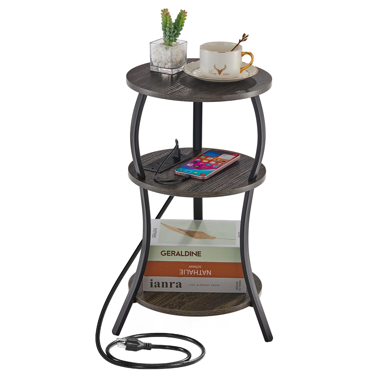 YEAKOO Bedside Table with Charging Station & 4 Sockets, Vintage Round 3-Tier End Table with USB Ports & UK Plugs, Slim Electrical Side Table with Storage Shelves for Living Room, Bedroom Small Spaces
