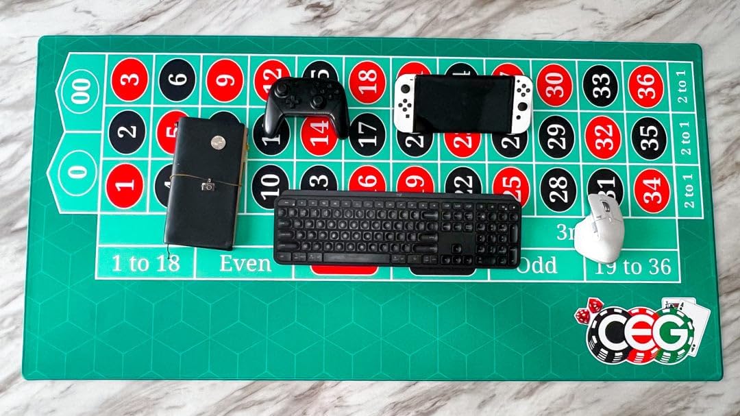 CEG Roulette Desk Pad 48 Inch X 24 Inch Dealer Practice Double Zero Roulette Layout & Non-Slip Rubber Mouse Pad