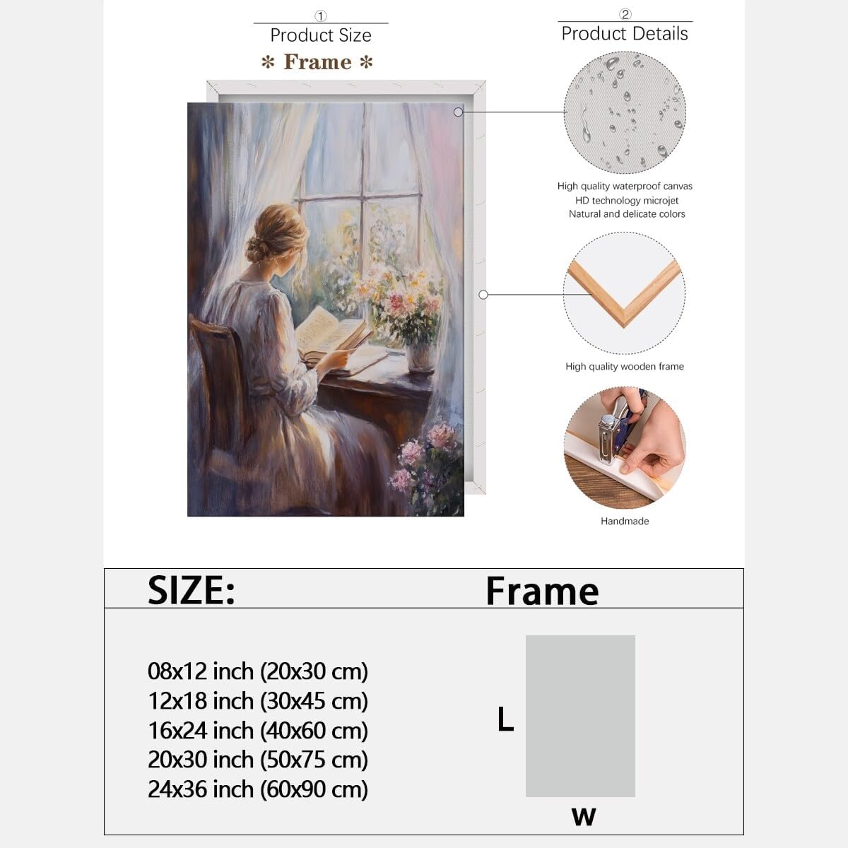 Classic Oil Painting of Serene Indoor Scene Elegant Woman Reading by Window with Soft Natural Light Vibrant Flowers Wall Art Poster Canvas Universal Living Room 16x20inch Framed