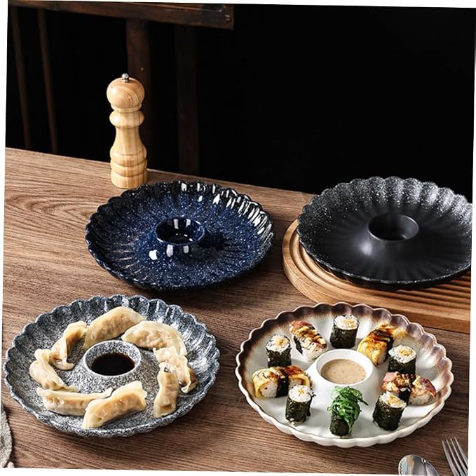Plato de cerámica para dumplings y sushi con dip y bol de salsa miniatura 5