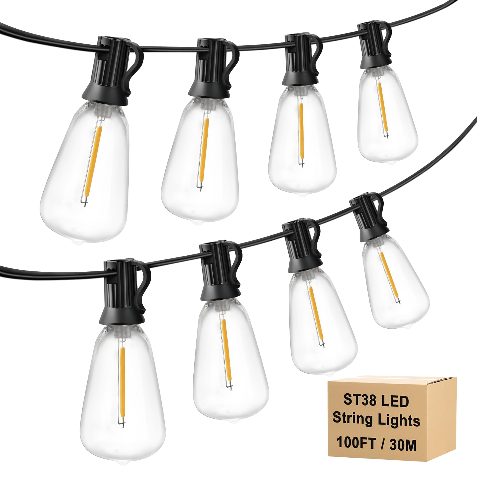 Kerry Outdoor String Lights Mains Powered, 30M/100FT Festoon IP45 Waterproof with 52+2 ST38 LED Globe Bulbs, Shatterproof Garden Lighting for Bistro Backyard Party Cafe Camping