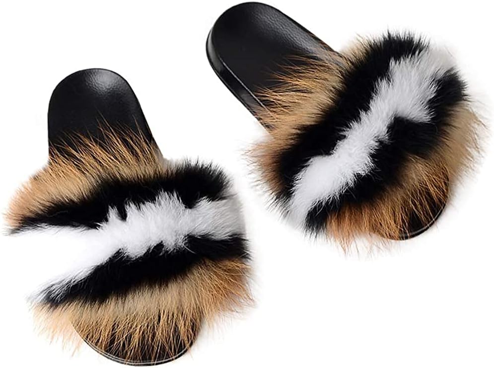 HIPRETTYUSWomen's Real Fox Fur Slides, Open Toe Cute Fur Slippers, Indoor or Outdoor Comfortable Furry Slide Sandals With Fluffy Fur