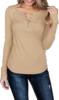 Women's Long Sleeve Henley Shirts V Neck Button Up Ribbed Knit Tunic Tops