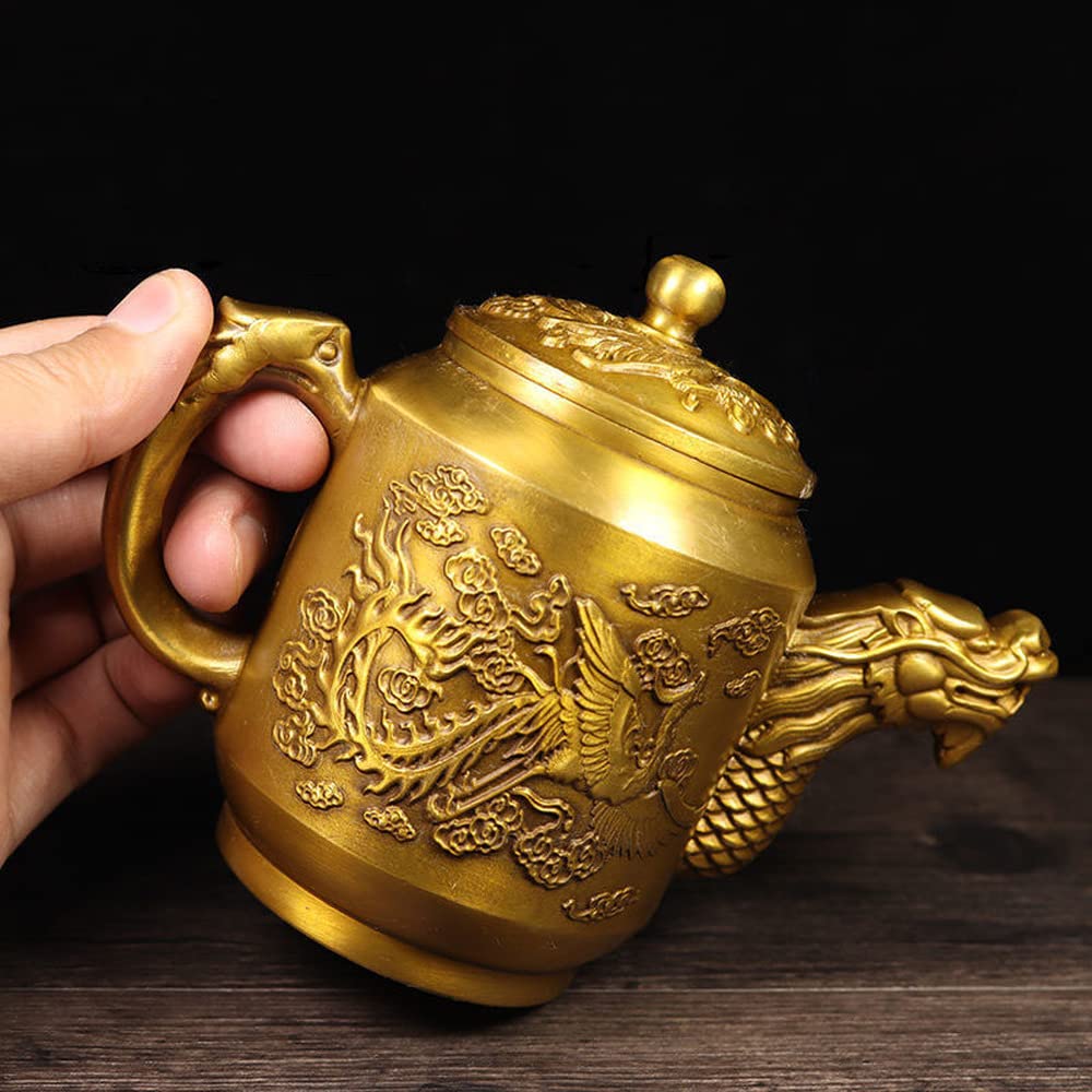 Service à thé théière en Laiton 15 cm Dragon Phoenix Collection Ornements de décoration pour la Maison Antique