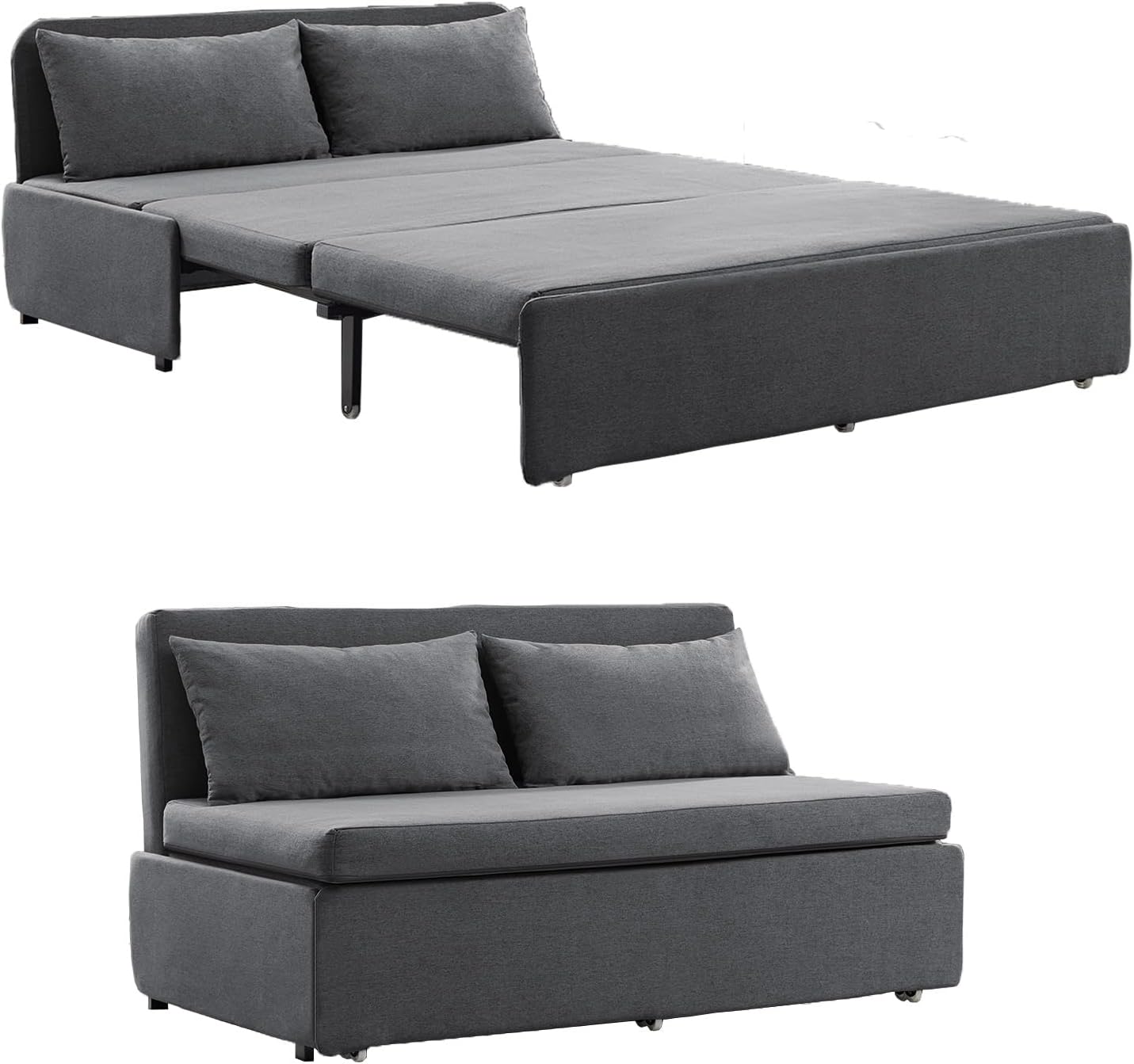 BALUS 64" W Queen Size Pull Out Sleeper Sofa Bed Couch with Pullout Bed, 2 in 1 Convertible Linen Loveseat Sofa Sleepers with Pillows and Tri-fold Mattress for Small Space Loft Home Office, Dark Grey - Thumbnail 2